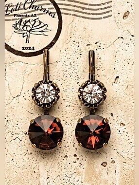 Burgundy Maroon Flower Swarovski Crystal In Two Stone Drop Brass Earrings
